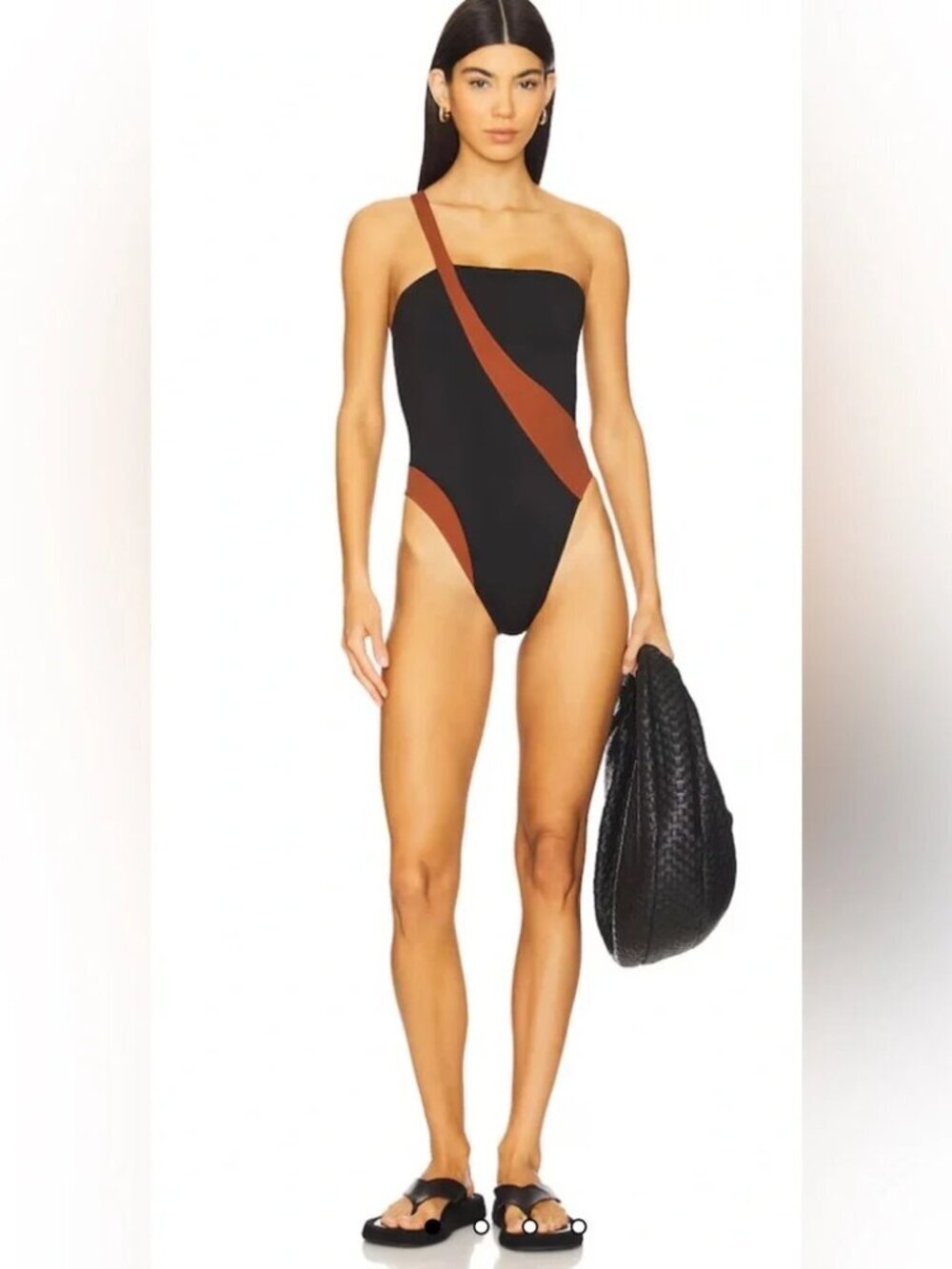 New GIGI C Blake One Shoulder Black/Cognac One Piece Swimsuit XL NWT